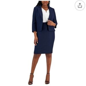 NWT Le Suit Jacquard Single Button with Skirt Suit Navy Size 6P